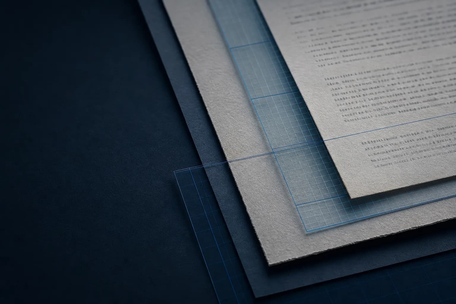 Layered legal documents with a blue research grid